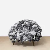 KAWS: COMPANION CHAIR (Grey) by Kaws and Estudio Campana, 2019, plush toys, stainless steel and Cumaru wood, sold Mar 2023