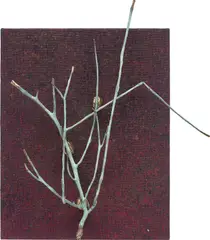 Parker Ito, Untitled, 2022, bronze cast of dead branch and UV reactive dye on jute