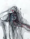 Face by Chiharu Shiota, 2018, crayon, watercolour and thread on paper, offered Oct 2023