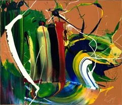Ritsu by Kazuo Shiraga, oil on canvas mounted on board, sold Oct 2023