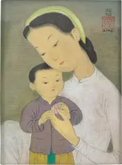 Mai Trung Thu, Maternité : femme et enfant, 1954, gouache on silk