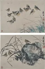 Chen Wen Hsi, Two works: (i) 11 Sparrows (ii) 3 Sparrows by The Rock, 1970, ink on paper
