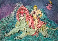 Madsaki, Untitled (He-Man and Battle Cat), 2019, acrylic paint aerosol on canvas