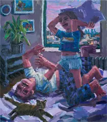 Pillow Fight by Todd Bienvenu, 2020, oil on canvas, sold Nov 2023