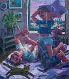 Todd Bienvenu, Pillow Fight, 2020, oil on canvas