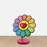 Takashi Murakami, Jellyfish Eyes × e-ma Flower Stand Happy Rainbow, fabricated plastic flower and 100 candy cases on a painted metal stand with 5 wheels