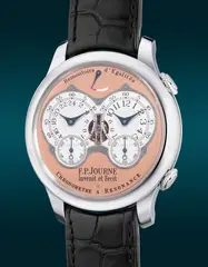 F.P. Journe, A special and mechanically impressive platinum dual-time wristwatch with double escapement, power reserve indication, "Salmon dial", guarantee and presentation box, made in commemoration of the 20th Anniversary of the Chronomètre à Résonance, Circa 2021