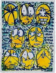 Timothy Curtis, Calligraphy Blue Faces No. 3, 2020, watercolour, ink and wax crayon on paper