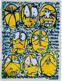 Timothy Curtis, Calligraphy Blue Faces No. 3, 2020, watercolour, ink and wax crayon on paper