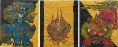 Miwa Komatsu, Three works: (i) Heaven – Guardian; (ii) Earth – Guardian; (iii) Human – Spirit, 2017, screenprint with glitter on paper