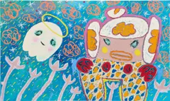 Adam Handler, Little Stinker Girl and Ghost Buddy on Moonlight Walk, 2020, acrylic and oil stick on canvas