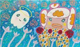 Adam Handler, Little Stinker Girl and Ghost Buddy on Moonlight Walk, 2020, acrylic and oil stick on canvas