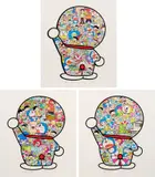 Three works: (i) Mr. Fujiko F. Fujio and Doraemon Are in the Field of Flowers; (ii) Doraemon's Daily Life; (iii) Doraemon in the Field of Flowers by Takashi Murakami, silkscreen on paper, sold Feb 2023
