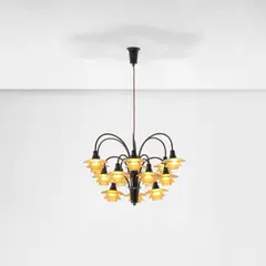 Rare fifteen-armed 'Cascade' ceiling light, type 1/1 shades by Poul Henningsen, circa 1933, Patinated brass, brass, coloured glass, glass, Bakelite, sold Jun 2022