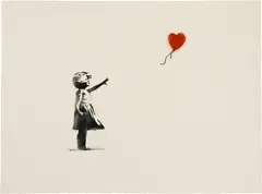 Banksy, Girl with Balloon & Morons Sepia, 2007, double-sided work on paper Girl with Balloon : spray paint on paper Morons Sepia : screenprint on paper