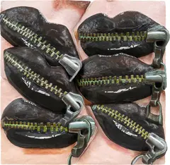 Zipper Lips by Gina Beavers, 2018, acrylic and foam on panel, offered Nov 2022