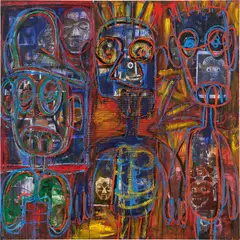 Aboudia, Untitled, 2019, acrylic, oil stick and printed paper collage on canvas