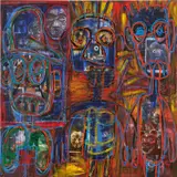 Aboudia, Untitled, 2019, acrylic, oil stick and printed paper collage on canvas