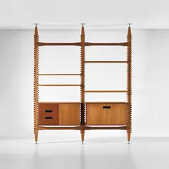 Ico Parisi, 'Lerici' modular shelving unit, circa 1958, Teak-veneered wood, teak, nickel-plated brass, painted steel, steel