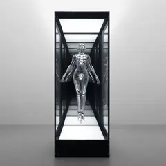 Hajime Sorayama, Sexy Robot_Floating, 2019, acrylonitrile butadiene styrene resin, urethane resins, silver plating, LED neon light and steel