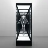 Hajime Sorayama, Sexy Robot_Floating, 2019, acrylonitrile butadiene styrene resin, urethane resins, silver plating, LED neon light and steel