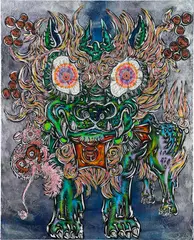 Miwa Komatsu, "Un" Guardian Lion Dogs Evolved Form, 2017, acrylic on panel