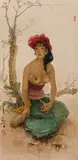 Lee Man Fong, Portrait of a Seated Woman, 1970, ink and oil on panel
