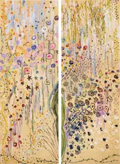 Michelle Sakhai, Garden of Peace, 2019, oil and metal leaf on canvas, diptych