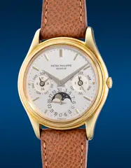 Patek Philippe, A rare and attractive yellow gold perpetual calendar wristwatch with German calendar, moon phases, 24-hour indication, leap year indication, Certificate of Origin and presentation box, 1986