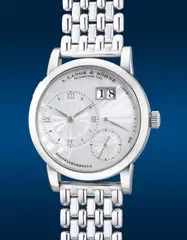 A. Lange & Söhne, A fine and very rare white gold wristwatch with small seconds, power reserve indication, oversized date, mother-of-pearl guilloche dial and bracelet, Circa 2000s