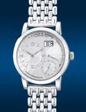 A. Lange & Söhne, A fine and very rare white gold wristwatch with small seconds, power reserve indication, oversized date, mother-of-pearl guilloche dial and bracelet, Circa 2000s