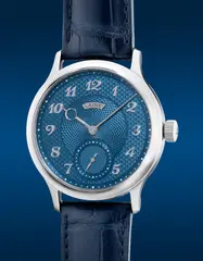 Victor Lainé, A fine and attractive stainless steel wristwatch with small seconds, blue guilloche dial, certificate and presentation box, Circa 2021