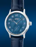 Victor Lainé, A fine and attractive stainless steel wristwatch with small seconds, blue guilloche dial, certificate and presentation box, Circa 2021