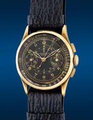Universal, A fine, rare and early yellow gold chronograph wristwatch with black multi-scale gilt dial, Circa 1936