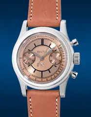 Baltic, A fine and attractive limited edition stainless steel chronograph wristwatch with pulsometer scale, salmon sector dial, guarantee and presentation box, numbered 123 of 250 pieces, made in collaboration with Revolution and The Rake, Circa 2021