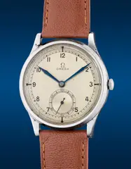 Omega, A fine stainless steel wristwatch with small seconds, two-tone sector dial and blued steel hands, Circa 1939