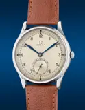 Omega, A fine stainless steel wristwatch with small seconds, two-tone sector dial and blued steel hands, Circa 1939