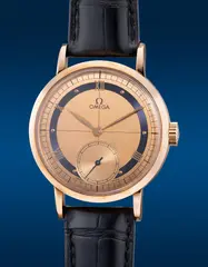 Omega, A commemorative and attractive limited edition pink gold wristwatch with small seconds, two-tone sector dial, warranty and presentation box, numbered 1,472 of a limited edition of 1,894 pieces, made in celebration of the 100th Anniversary of Omega, exclusive to the Japanese market, Circa 1999