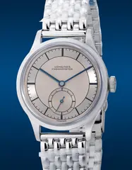 Longines, A fine and elegant “new-old-stock" limited edition stainless steel wristwatch with small seconds, two-tone sector dial, bracelet, warranty and presentation box, numbered 401 of a limited edition of 500 pieces, made in collaboration with HODINKEE, Circa 2021
