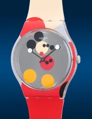 A fun, unusual and "new-old-stock" limited edition plastic time-only wristwatch with Spot Mickey motif and presentation box, numbered 12666 of a limited edition of 19999 pieces, made in collaboration with Damien Hirst to celebrate the 90th Anniversary of Mickey Mouse by Swatch, Circa 2018, sold Nov 2022