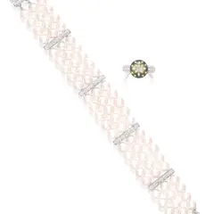 Mikimoto, A Set of Cultured Pearl and Diamond Jewellery, Cultured Pearl Bracelet: - Sixty-nine white cultured pearls, measuring approximately 5.97 mm to 6.46 mm - Enhanced by brilliant-cut diamond spacers - 18K white gold - Maker's mark, M for Mikimoto - Length 17.0 cm Black Cultured Pearl Ring: - One cultured black pearl, measuring approximately 12.12 mm to 12.14 mm, with decorative gold and silver coloured marks - Brilliant-cut diamond shoulders - Platinum - Signed Mikimoto - Ring size 6 Accompanied by two Mikimoto cases