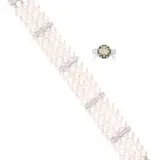 Mikimoto, A Set of Cultured Pearl and Diamond Jewellery, Cultured Pearl Bracelet: - Sixty-nine white cultured pearls, measuring approximately 5.97 mm to 6.46 mm - Enhanced by brilliant-cut diamond spacers - 18K white gold - Maker's mark, M for Mikimoto - Length 17.0 cm Black Cultured Pearl Ring: - One cultured black pearl, measuring approximately 12.12 mm to 12.14 mm, with decorative gold and silver coloured marks - Brilliant-cut diamond shoulders - Platinum - Signed Mikimoto - Ring size 6 Accompanied by two Mikimoto cases