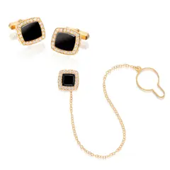 Mikimoto, A Set of Onyx and Diamond Jewellery, Onyx and Diamond Cufflinks: - Two onyx plaques - Brilliant-cut diamond surround, 0.78 carat total - 18K gold - Maker's mark, M for Mikimoto - Width 1.7 cm, Length 2.2 cm Onyx and Diamond Tie Pin: - One onyx plaque - Brilliant-cut diamond surround, 0.18 carat total - 18K gold - Maker's mark, M for Mikimoto - Width 1.0 cm, Length 1.6 cm