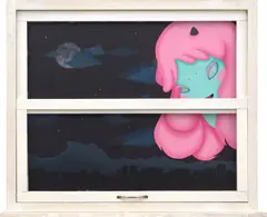 Okokume, Peek-a-boo, 2018, acrylic on board, in artist's frame