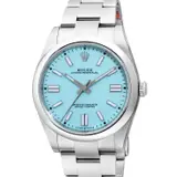 Rolex, A sought-after, “like-new” and attractive stainless steel wristwatch with center seconds, “turquoise blue” dial, bracelet, guarantee and presentation box