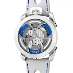 M.A.D. Editions, An avant-garde and extraordinary stainless steel wristwatch with oversized titanium and tungsten triple-blade winding rotor, revolving minute and hour rings and presentation box, Circa 2021