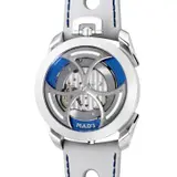 M.A.D. Editions, An avant-garde and extraordinary stainless steel wristwatch with oversized titanium and tungsten triple-blade winding rotor, revolving minute and hour rings and presentation box, Circa 2021