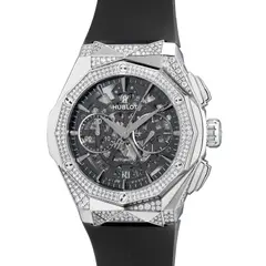 Hublot, A fine and bedazzled titanium and diamond-set skeletonized chronograph wristwatch with date, warranty and presentation box, Circa 2019