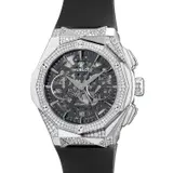 Hublot, A fine and bedazzled titanium and diamond-set skeletonized chronograph wristwatch with date, warranty and presentation box, Circa 2019