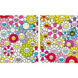 Two works: (i) A Little Flower Painting: Yellow, White and Purple Flowers; (ii) A Little Flower Painting: Pink, Purple And Many Other Colours by Takashi Murakami, (i) silkscreen and gold foil on paper (ii) silkscreen and platinum foil on paper, sold Mar 2022